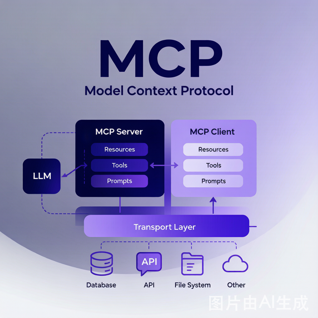 MCP协议架构图——Server/Client/LLM三层模型与Resources/Tools/Prompts三大原语